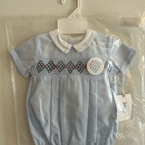 Friedknit Creations 9mo Classic Light Blue Smocked Baby Bubble w/ White Collar